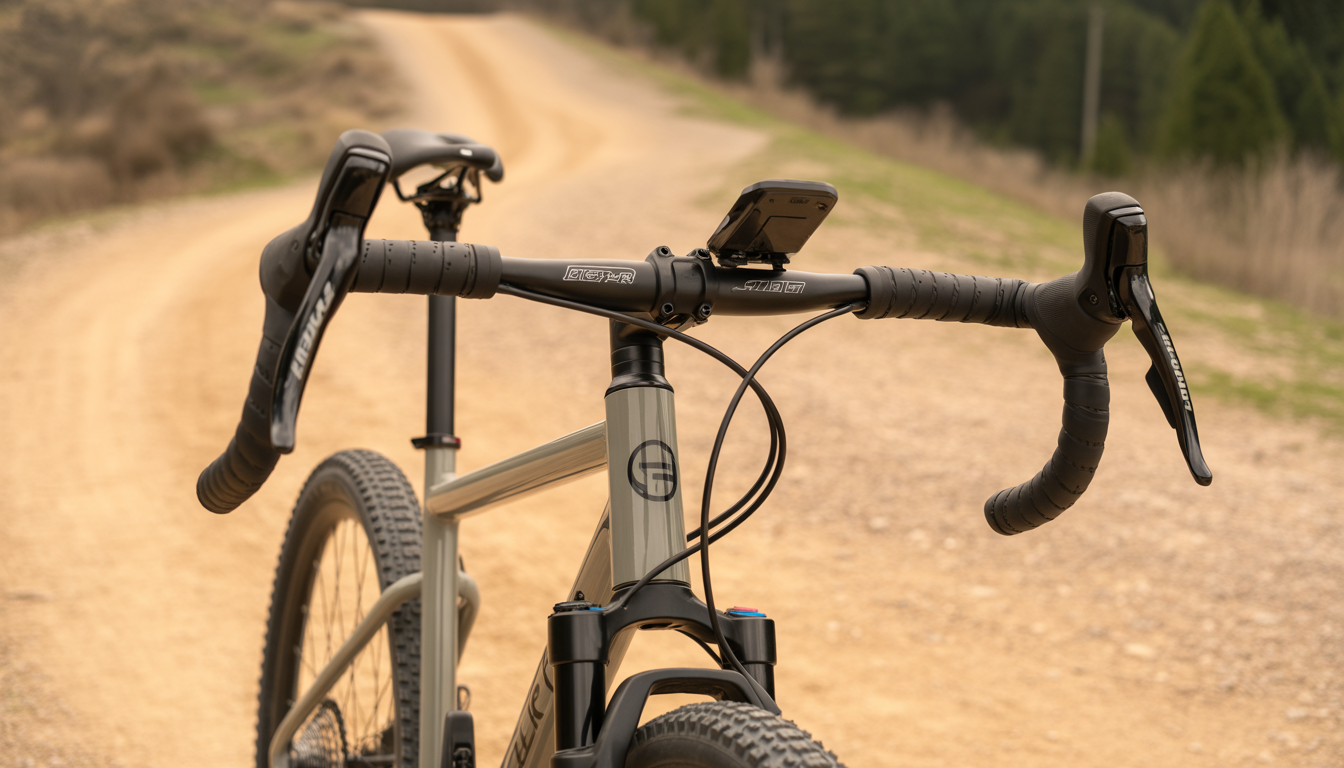 Gros plan photoréaliste d’un guidon de vélo gravel à flare prononcé monté sur un vélo tout-terrain sur un sentier de terre, en lumière naturelle.