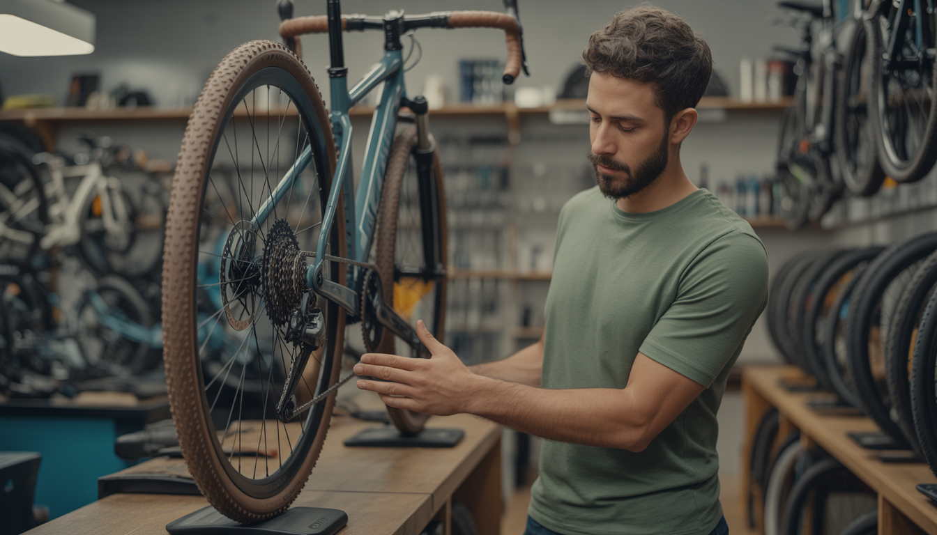 Cycliste comparant plusieurs semelles de vélo avec soutien de voûte plantaire dans un atelier spécialisé, en gros plan.