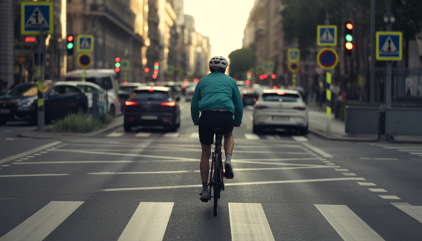 Cycliste à une intersection urbaine respectant la priorité, avec feux tricolores, panneaux de signalisation, marquage au sol, voitures et piétons en arrière-plan.
