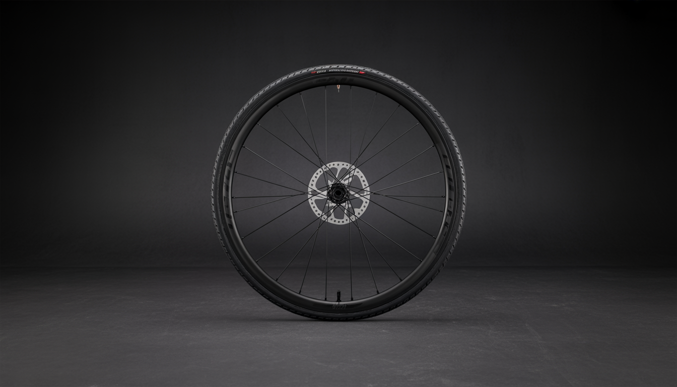 Choisir jantes hauteur profil aérodynamique Vue rapprochée d’une roue de vélo de route à jante haute en carbone, en photographie produit réaliste sur fond minimaliste avec éclairage studio doux.