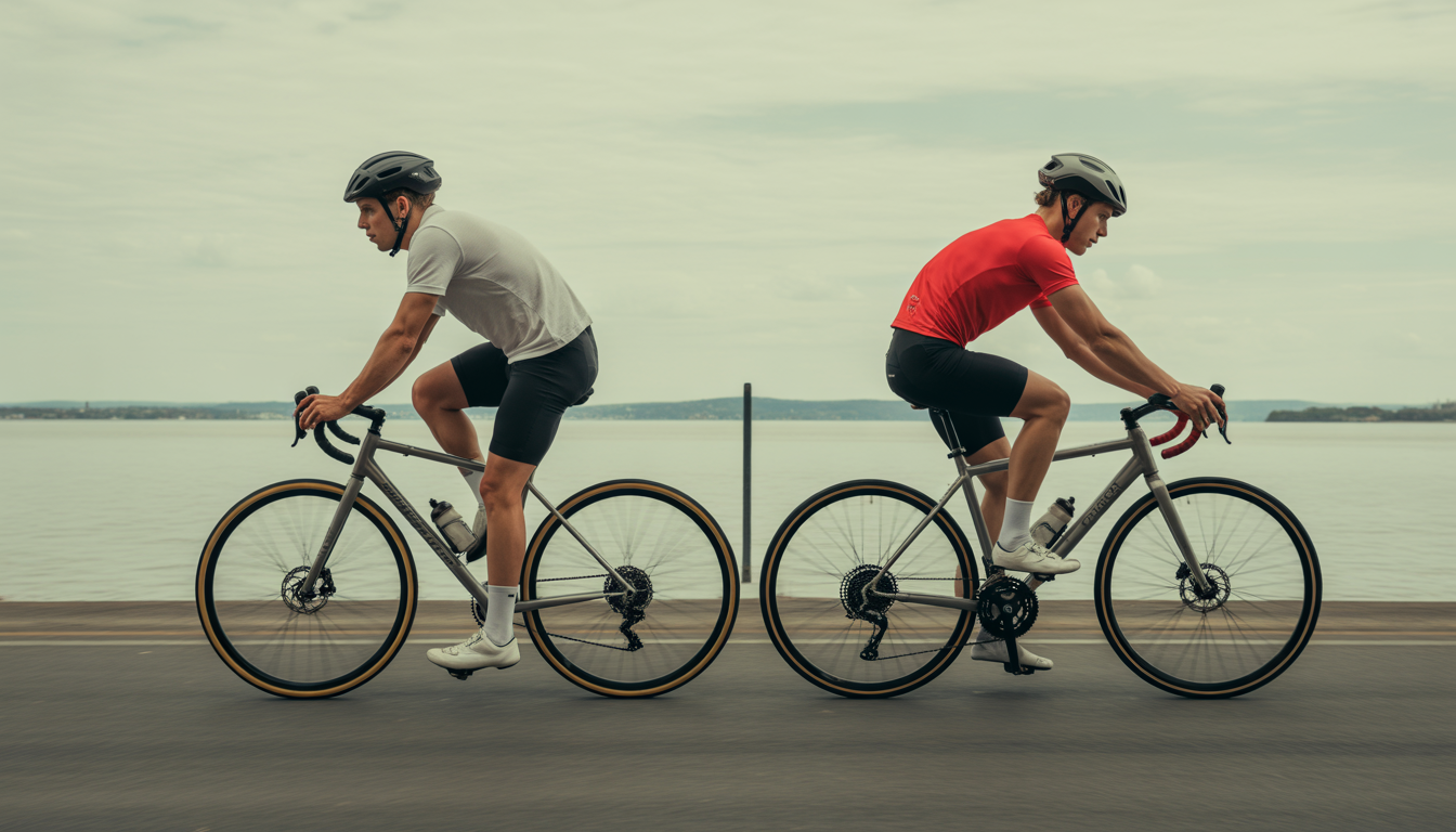 Deux cyclistes côte à côte comparent des manivelles longues et courtes dans une scène de studio photo réaliste avec des flèches illustrant la cadence, la puissance et le confort de pédalage.