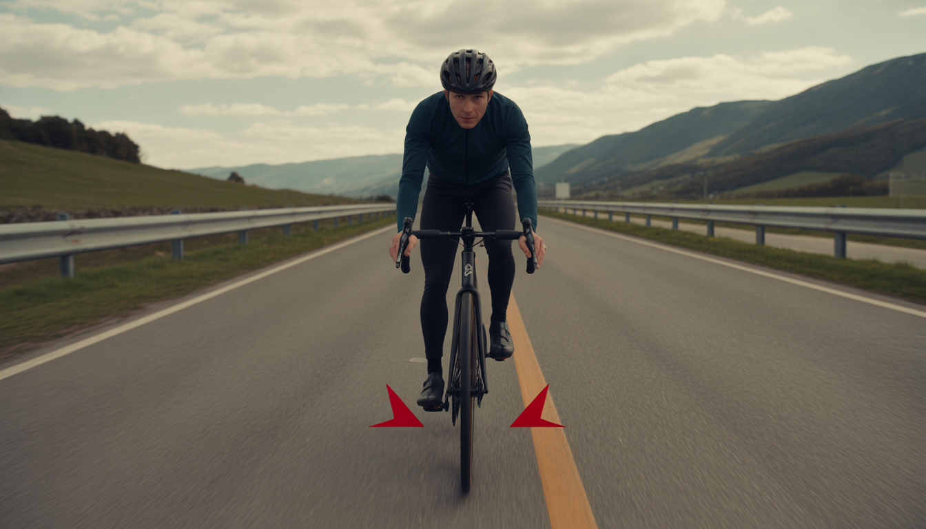 Erreurs fréquentes bike fit débutant Photographie réaliste d’un cycliste débutant sur vélo de route avec selle trop haute, cales mal placées, cintre trop loin et flèches rouges indiquant les erreurs de position.