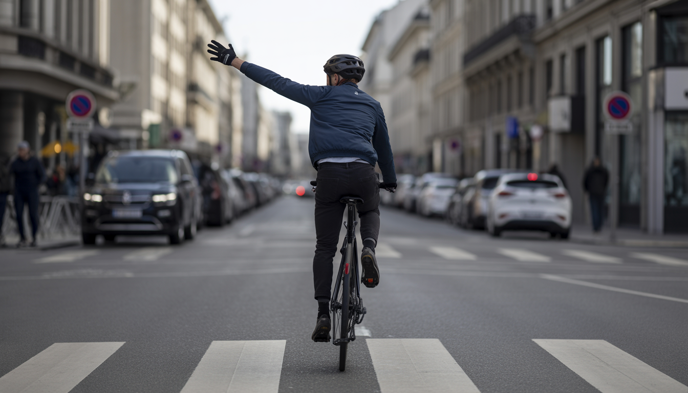 Cycliste urbain portant un casque, levant le bras gauche et regardant derrière lui avant de tourner à gauche dans une rue de ville en plein jour.