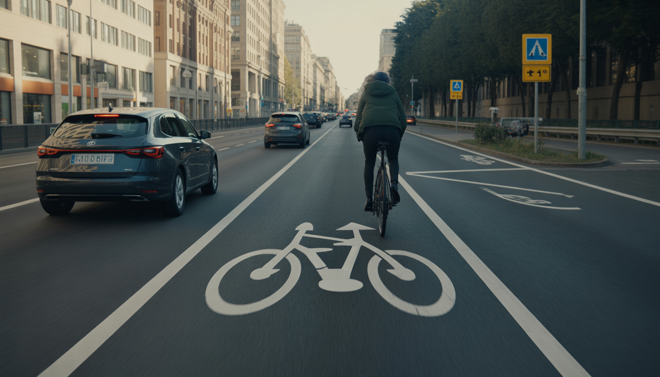 Voiture et cycliste circulant côte à côte sur une route urbaine avec piste cyclable marquée et signalisation visible.