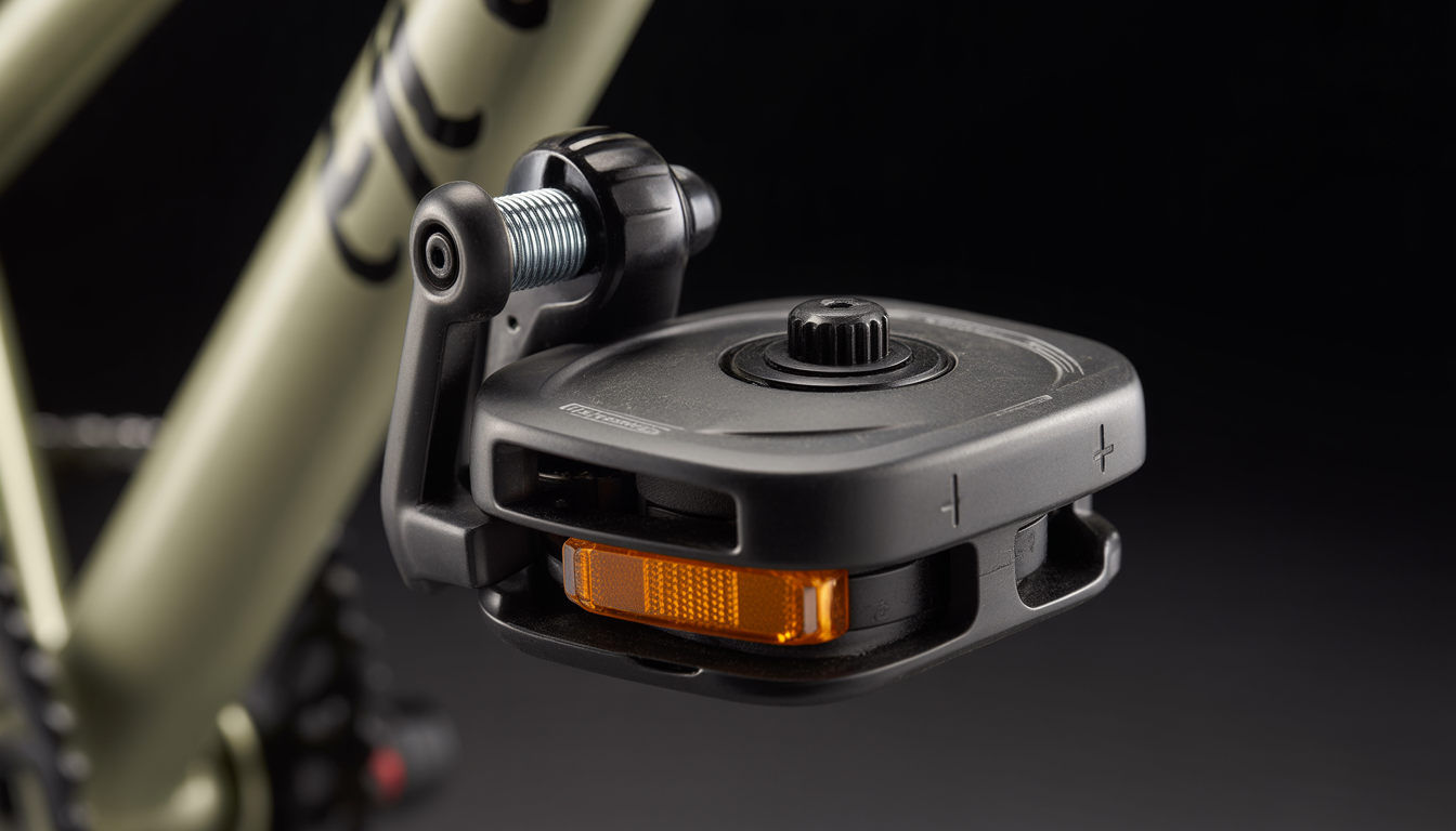 Gros plan sur une pédale automatique de vélo noire et argentée avec vis de réglage de tension, sur fond neutre.