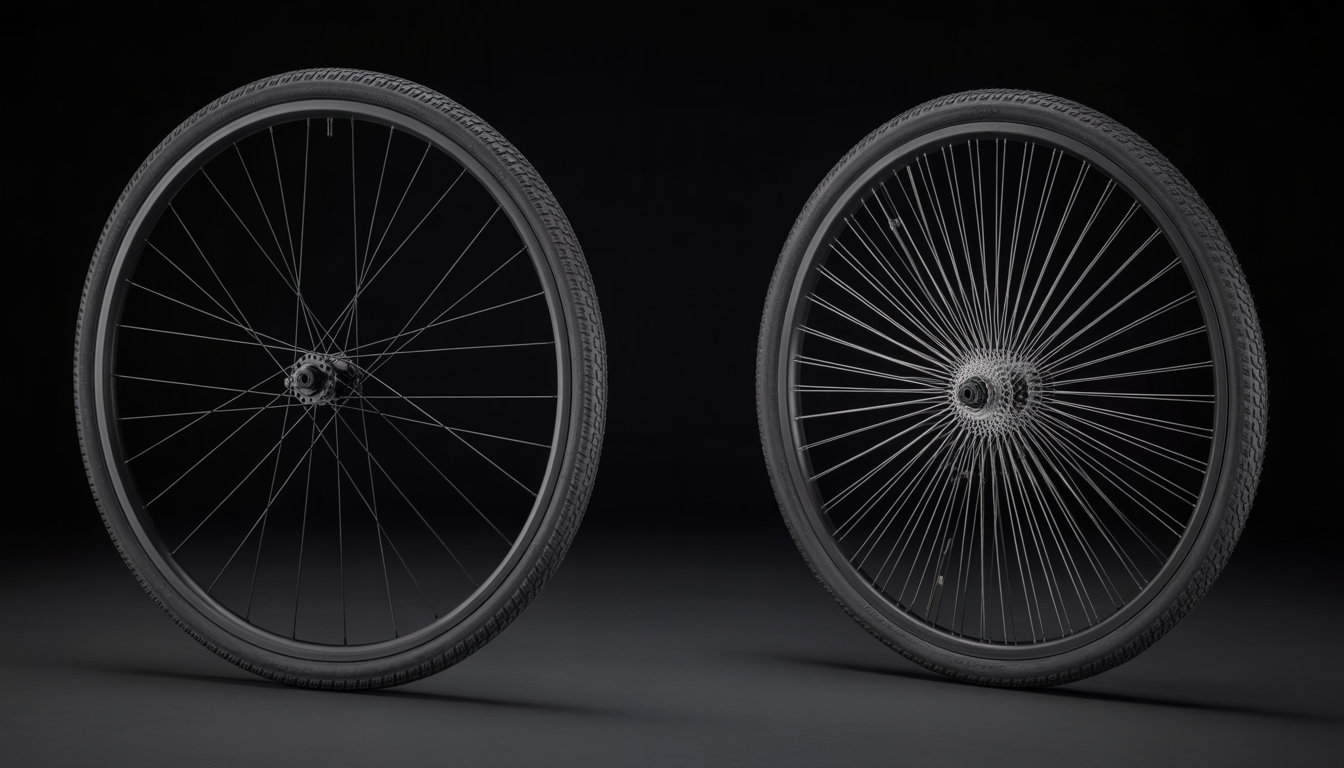 rayonnage roue croisé vs radial Photographie macro comparant deux roues de vélo, l’une à rayonnage croisé et l’autre à rayonnage radial, avec rayons métalliques nets et structure visible.
