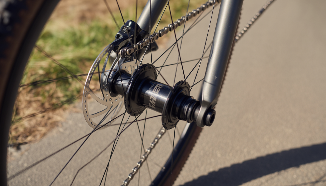 moyeu engagement rapide utilité Gros plan photoréaliste d’un moyeu de vélo haute performance avec transmission visible et effet de mouvement.
