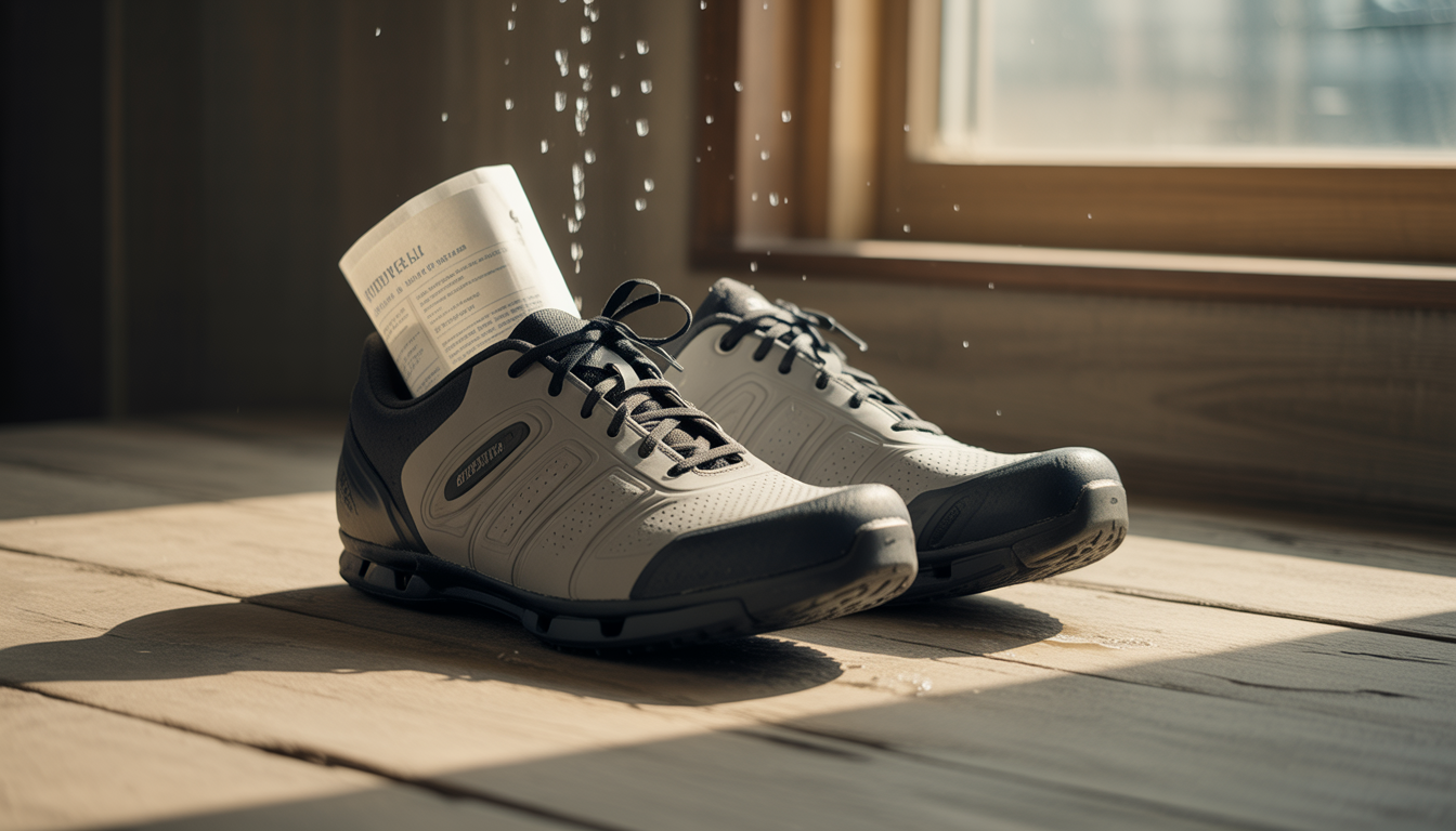Paire de chaussures de vélo humides dans un espace bien ventilé, avec lacets desserrés, semelles retirées et papier journal à l’intérieur.