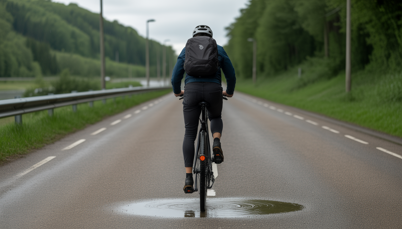 Vélo de route équipé de garde-boue roulant sur une chaussée mouillée avec peu d’éclaboussures.