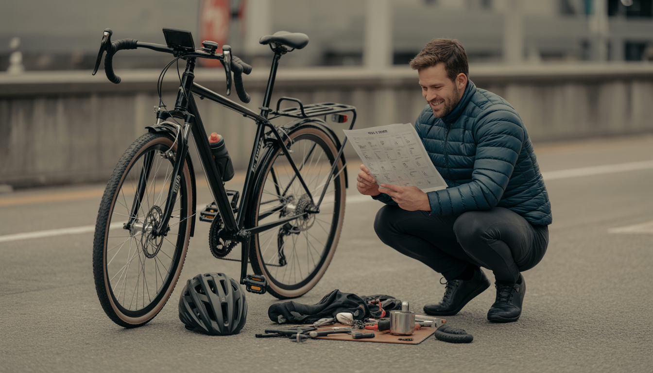 Cycliste souriant consultant une liste de conseils à côté de son vélo, avec casque, outils et accessoires d’occasion au sol.