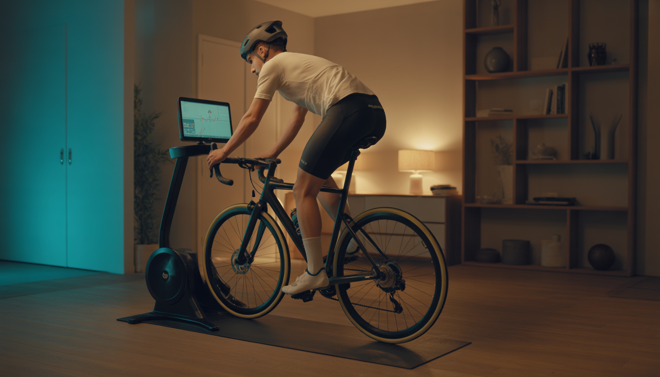 bike fitting à distance est-ce fiable Cycliste photoréaliste sur home trainer avec écran d’analyse à distance, posture mise en évidence par des repères visuels, dans une ambiance moderne et technologique.