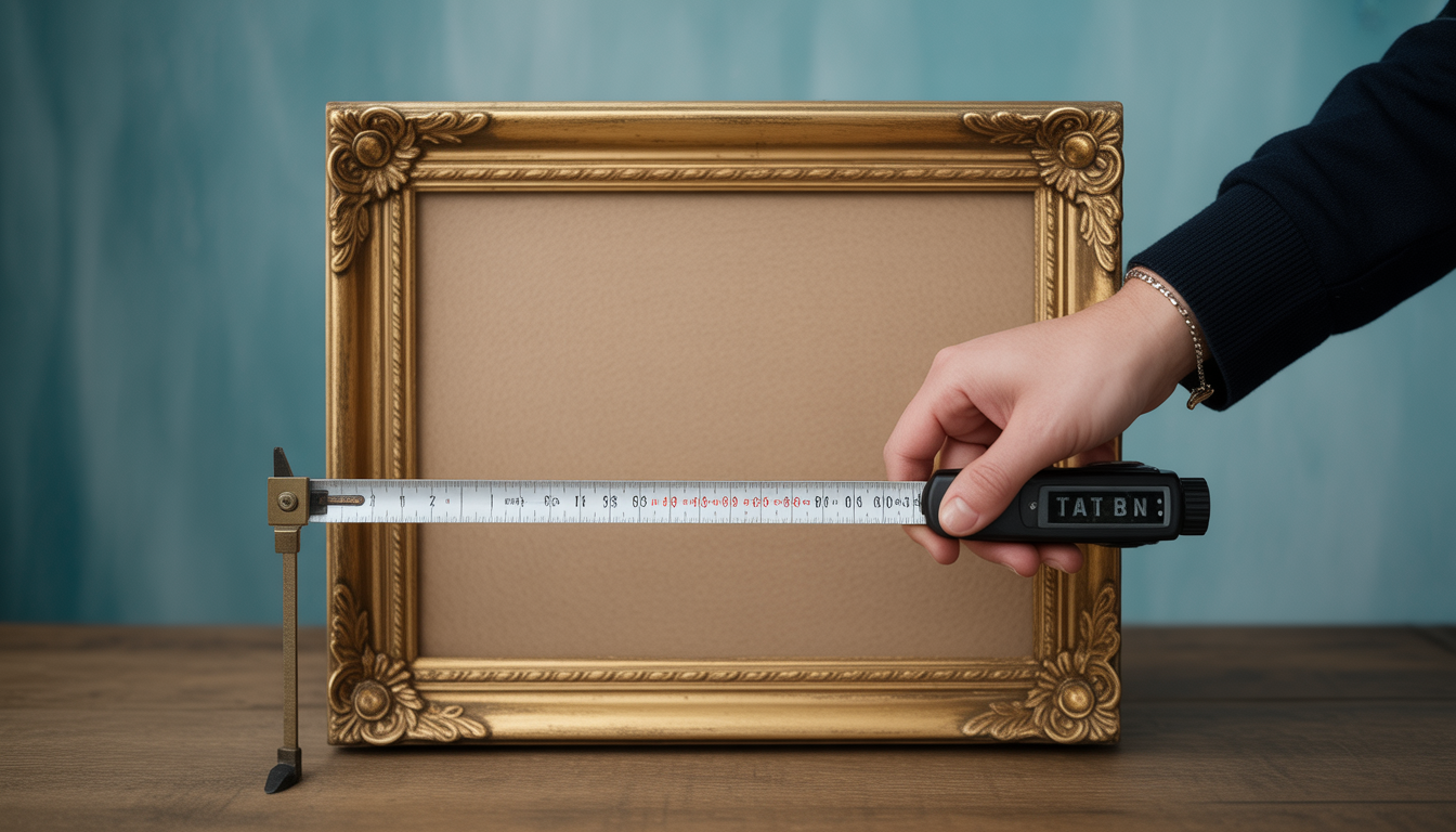 Main mesurant l’intérieur d’un cadre d’occasion avec un mètre ruban, avec une photo posée à côté pour comparer les dimensions.